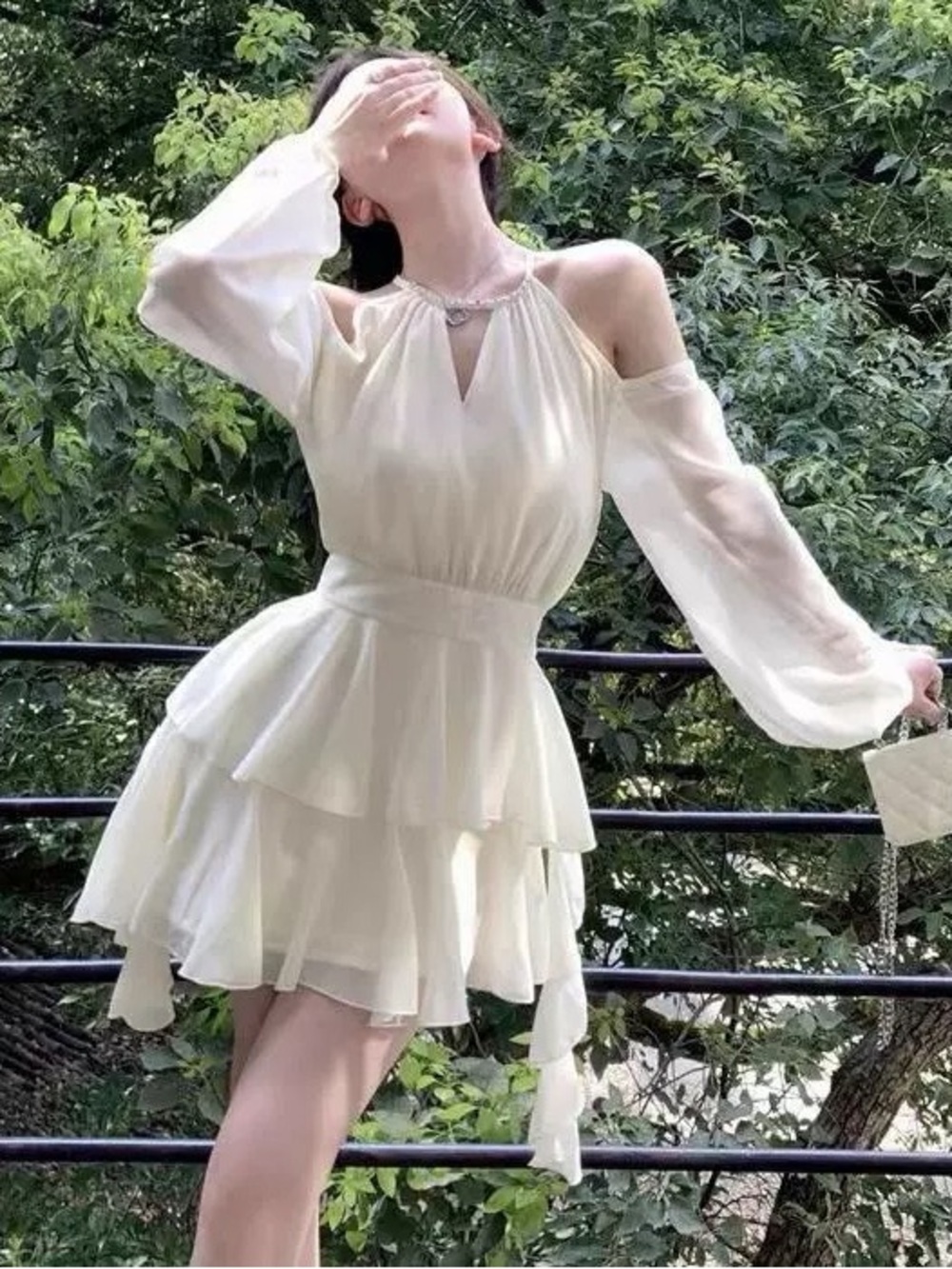 Elegant Cream Cold-Shoulder Tiered Ruffle Dress